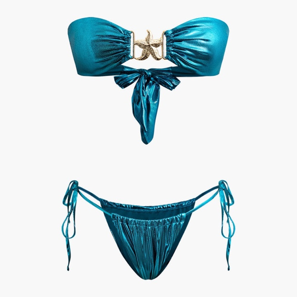 Blue Metallic Bandeau Top Two piece Bikini Set Swimsuit